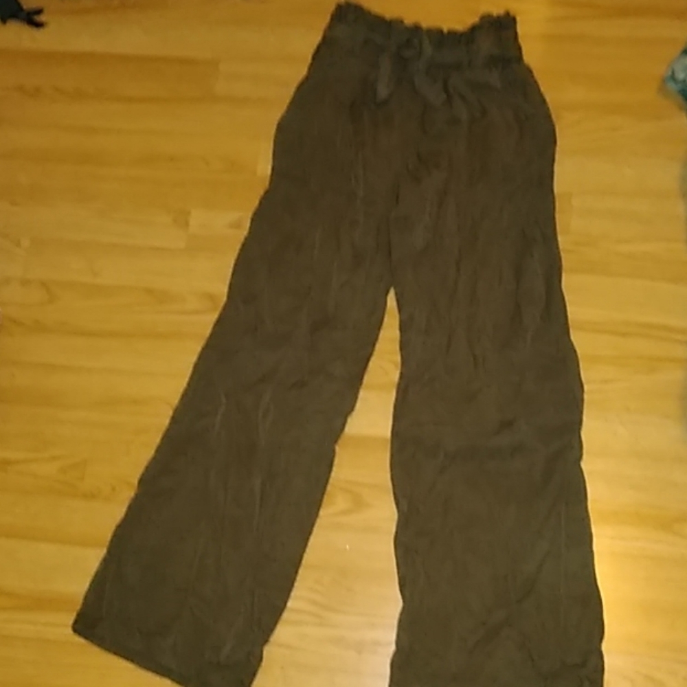 forest green paper bag wide leg pants